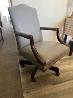 Genuine gray leather and wood office chair
