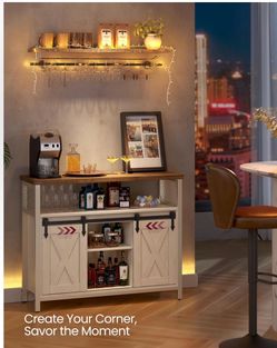 Buffet Cabinet, Coffee Bar Storage Cabinet, Sideboard with 2 Sliding Barn Doors, Adjustable Shelves, 13 x 39.4 x 31.5 Inches, for Living Room, Rustic 