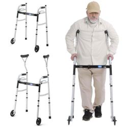 “New”Foldable Walker W/wheels & W/arm Support Crutches (removable),adjustable Width,foldable(retail$139)