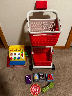 Little tike grocery basket with food identifying attachment