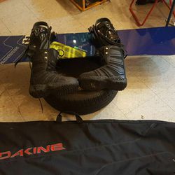 snowboard, bindings, boots and bag