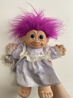 Vintage Russ Berrie 12" Troll Doll Girl Purple Satin Dress Plush Soft Body Blue Eyes