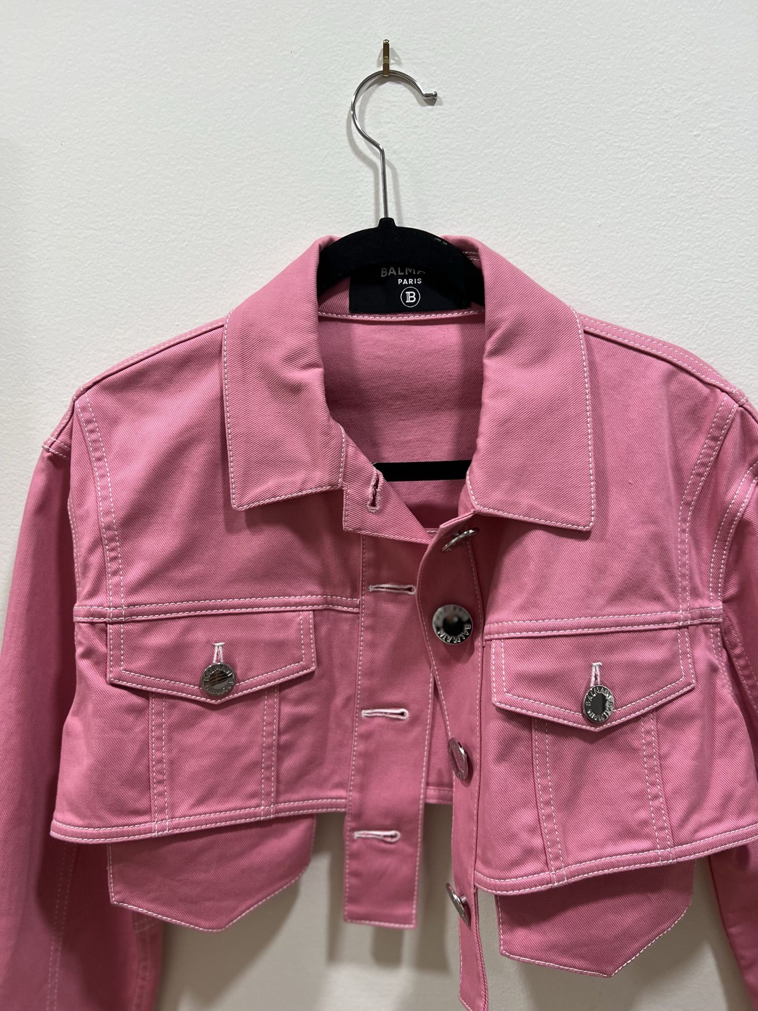 Balmain Pink Denim Crop Jacket