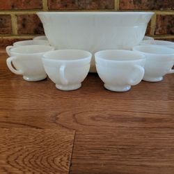 Vintage Milk Glass Punch Bowl eith Eleven Cups