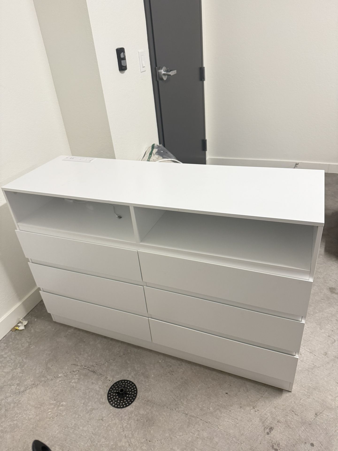 White Modern 6 Drawer Dresser with Open Shelves