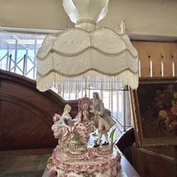 Vintage Capodimonte Style Figural Lamp | Porcelain Couple & Piano | Large Victorian / Rococo Shade
