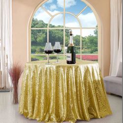 FYLEDAEE Sequin Tablecloth Round Light Gold 108 Inch Glittering Shimmer Tablecloth For Wedding Baby Shower Birthday Party Dinners Sparkly Centerpiece 