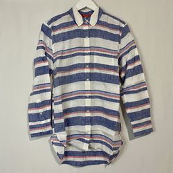 Joules Women’s Jeanne Print Button Down Linen Shirt Blue & Red Stripe Size 4 NWT