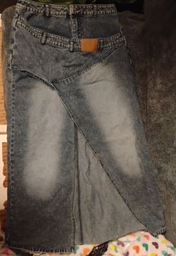 Midiross Patchwork Denim Maxi Skirt - Size Large - Trendy Y2K Blue Jean Long Skirt