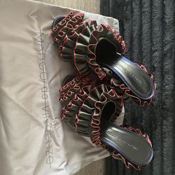 Ruffled Olive Slide Mules with Red Piping