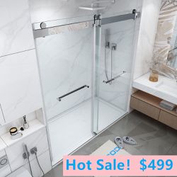 60 in x 66 in. H Single Sliding Frameless Soft Close Shower Door with 3/8 in Clear Glass