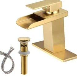 FLG Single-Handle Single-Hole Waterfall Bathroom Sink Faucet with Pop-up Drain Kit and Deckplate Included in Brushed Gold