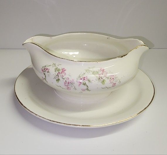 Vintage Edwin M. Knowles China Co. Gravy Boat with Attached Underplate – Floral Pattern, Gold Trim