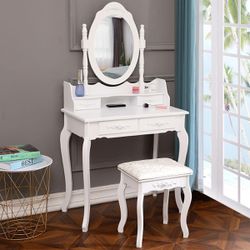 White Dressing Table Vanity Table and Stool Set Wood Makeup Desk with 4 Drawers & Mirror