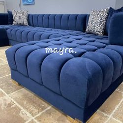 Brand New/ Blue Velvet Double Chaise Sectional, Seccional, Couch 
