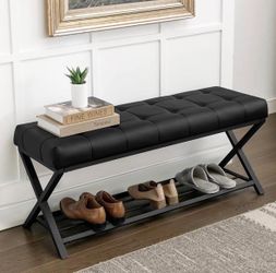 Black faux leather bench with storage