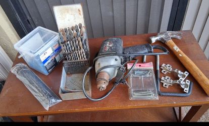 misc garage stuff and tools (Craftsman drill, bits, hammer, screws and misc ALL for $25