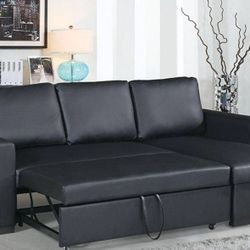 2pcs Faux Leather Sectional Sofa W/storage Chaise & Pull Out Bed