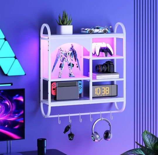 HOOBRO Gaming Floating Shelves with LED Lights, 28.5" LED Wall Mounted Shelf, Modern Display Shelf for Wall Storage, Floating Rack with Hanging Rod an