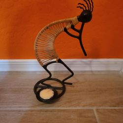 Vintage Southwestern Mid-Century Modern Metal & Rattan Kokopelli-Style Candle Holder