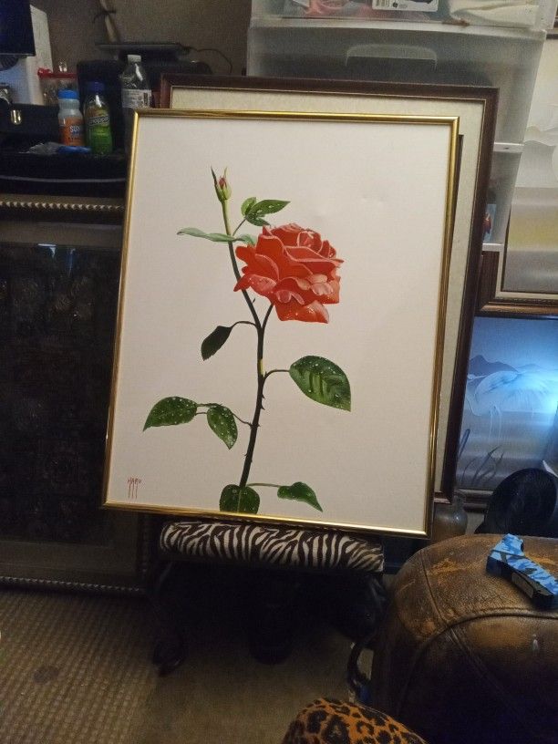 Red Rose Framed And Signed Art Work