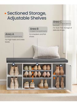 HOME Storage Bench, Superfast Toolless Assembly, 41" Wide Entryway Shoe Cubby Bench with Cushion & Adjustable Shelves, Window Shoe Rack Cabinet, Snow 