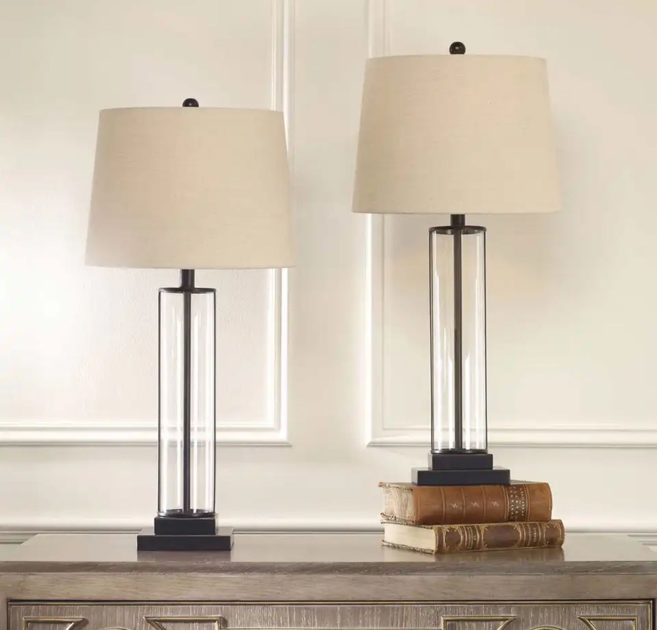 2 Pk Davidson Glass + Steel Modern LED Table Lamp w Fabric...