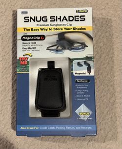 Snug Shades Premium Sunglasses Clip 2-Pack New black leather-textured sunglasses clips with a magnetic closure. This two-pack of Snug Shades is desi