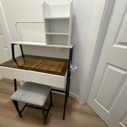 Modern Vanity Desk with Stool & Built-In Outlets