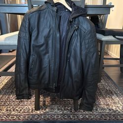 2-in-1 Leather Hooded Motorcycle Riding Jacket (Black -Medium)