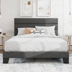 Full Size Platform Bed Frame with Upholstered Fabric Headboard, Grey Upholstered Bed Frame with Headboard/Mattress Foundation with Strong Wooden Slats