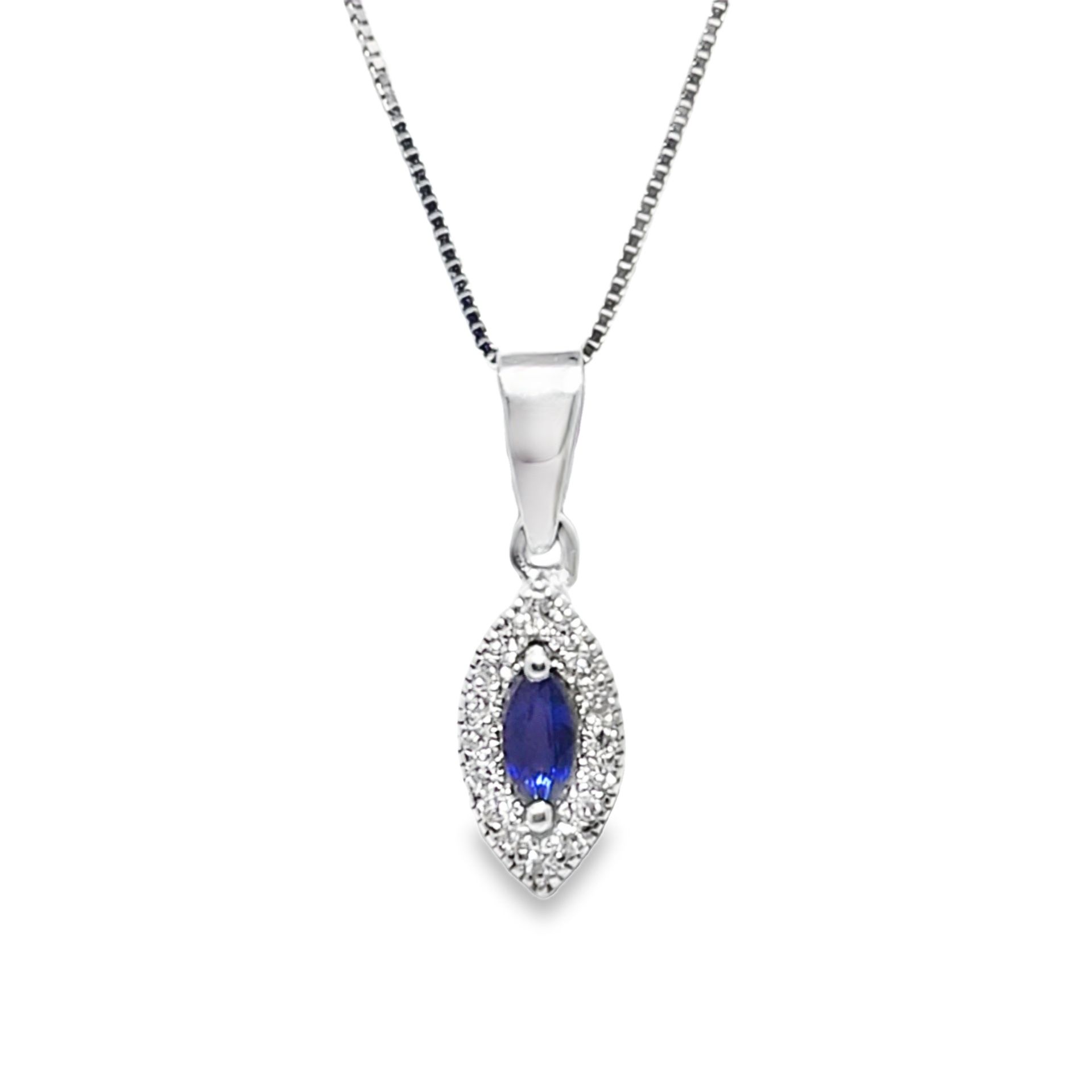 10k White Gold Diamond Box Chain & Sapphire Pendant 0.27 ctw