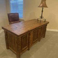 Solid Wood Executive Desk + Leather Swivel Chair + Iron Lamp – $600 OBO