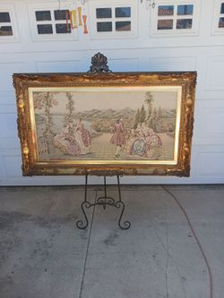 Vintage large 59x35 Gold Gilted wood framed Gobelin romantic scene tapestry