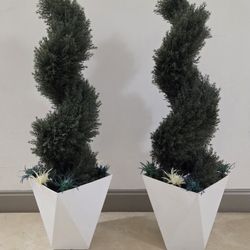 *** HOLIDAY SALE *** PAIR of 42" Faux Cedar Spirals in Flourite Stone / Thistle / 13" Planters @ Lasting Creations