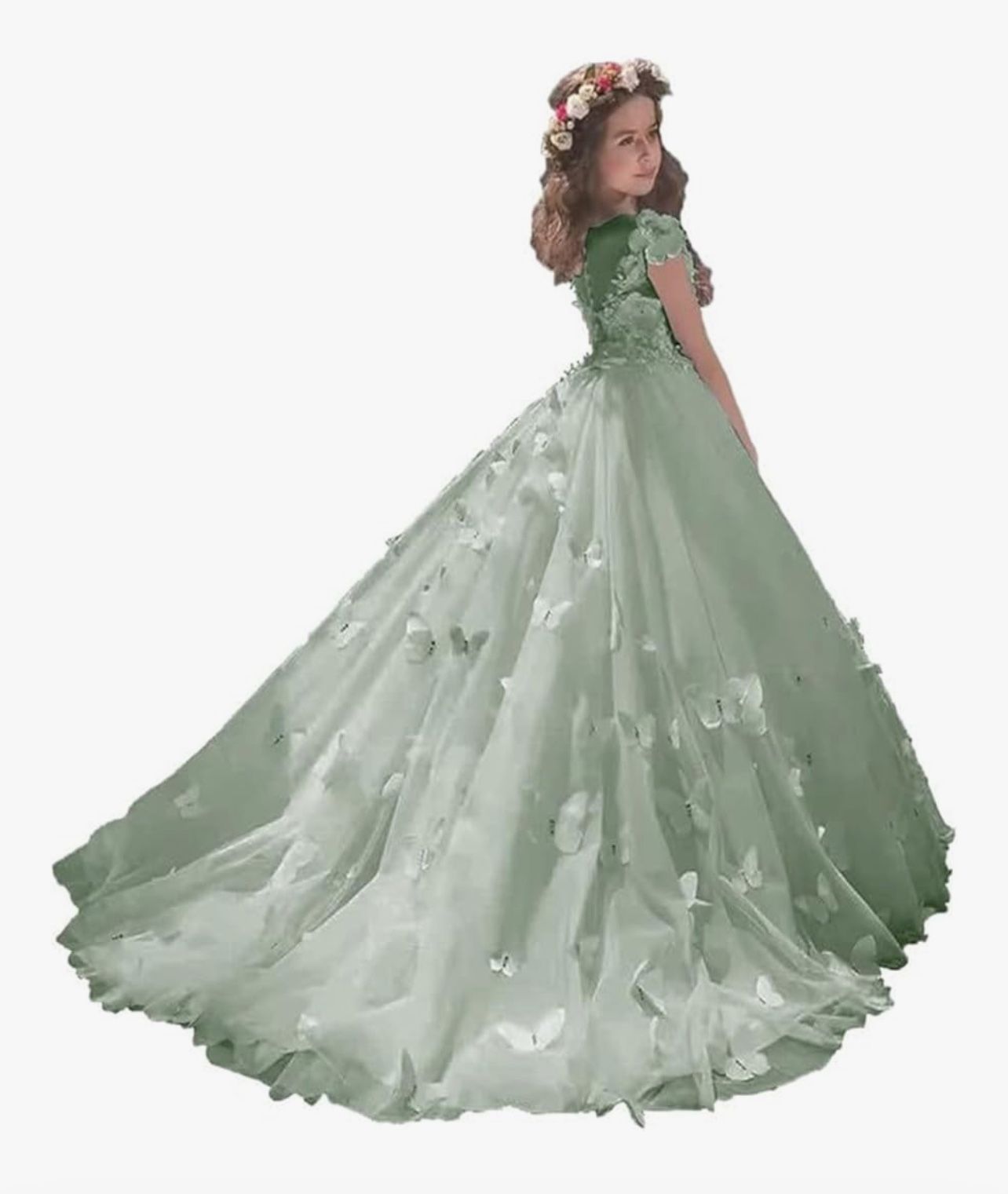 Flower Girl Dresses for Wedding Ball Gown Long Lace Appliques Tulle Party Pageant Dress Sage Green