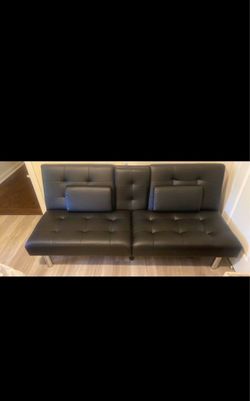 Black Faux Leather Futon Sofa with Cup Holders