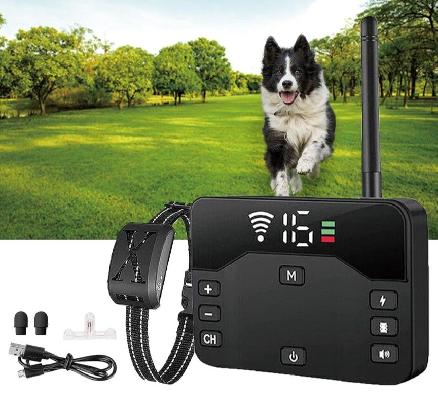 Wireless Dog Fence, Electric Fence for Stubborn Dogs, Shock Training Collar with Remote, Waterproof Rechargeable, Adjustable Range Control