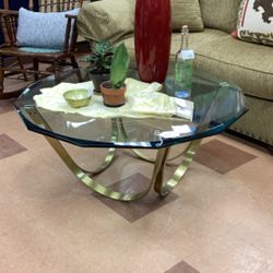 Mcm Metal Base Beveled Glass Coffee Table