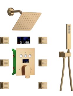 Bathroom Rainfall Shower System Wall Mount 8 Inch Shower Head With Handled Spray 6 Pcs jets Temperature Display Shower Faucet Set (Brushed Gold)