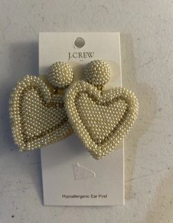 J.CREW ❤️ Ivory White Beaded Heart Statement Earrings Romantic Chic Gift