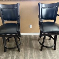 2 Bar Stools, Black Leather Mahogany Wood