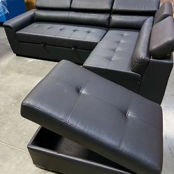 New! Faux Leather Black Sectional Sofa Bed With Storage Ottoman, Sofabed, Sofa Bed, Sectional Sofa, Black Sectional, Sectional Couch, Sofa