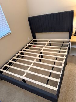 Dark Gray Upholstered Queen Bed Frame with Headboard