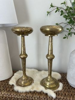 Tall Gothic Brass Church Altar Candlestick Holder Lovely Patina Solid Heavy Elegant Candleholders Pair Early 20th Century Old Rare Estate Find 