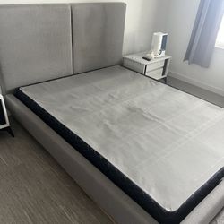 Queen Size Grey/Gray Bed Frame With Attached Headboard Plus Boxspring