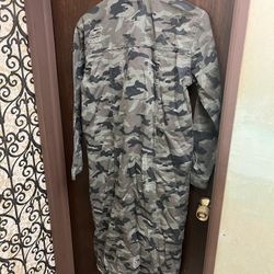 Womens Long Jean Jacket Size Small Camo Army Print Distressed 