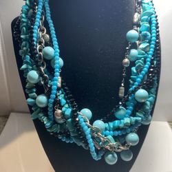 Turquoise and Black Color Multi strand Silver Tone Choker