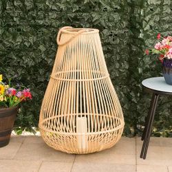 Bamboo Outdoor Lantern with Light Brown Finish and LED Candle for Patio & Garden Decor, 33in Tall