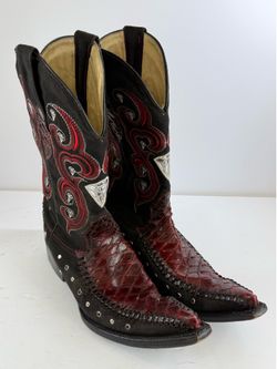 White Diamonds Men 8 Western Cowboy Boots Black Suede Red Python Snip Toe Studs